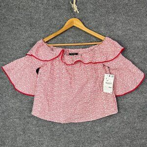 NEW Zara Off-Shoulder Red and White Ruffle Sleeve Embroidered Eyelet Shirt Small